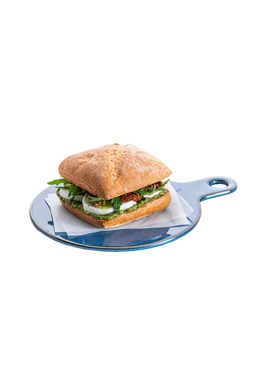 Mini τσιαπάτα με μοτσαρέλα, baby ρόκα και πέστο βασιλικού