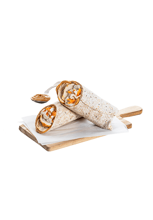 Τορτίγια με κοτόπουλο, φυστικοβούτυρο και μελιτζανοσαλάτα